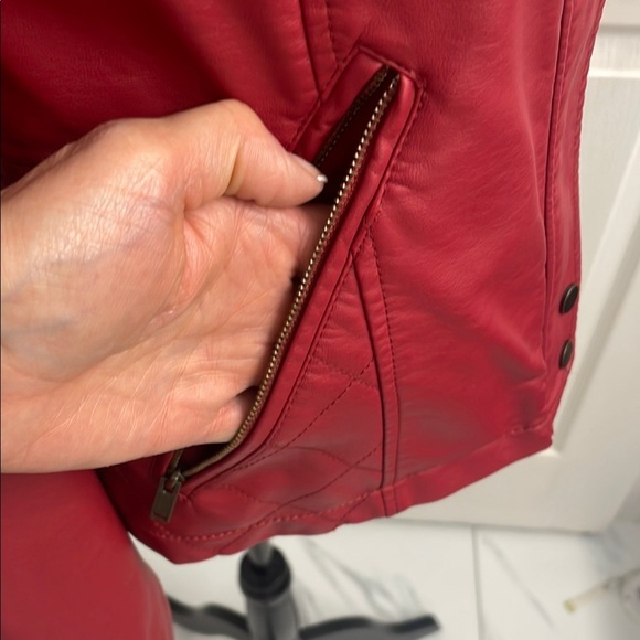 Brick Red Faux Leather Jacket Fitted Pockets Front Zipper Size S - Picture 5 of 16